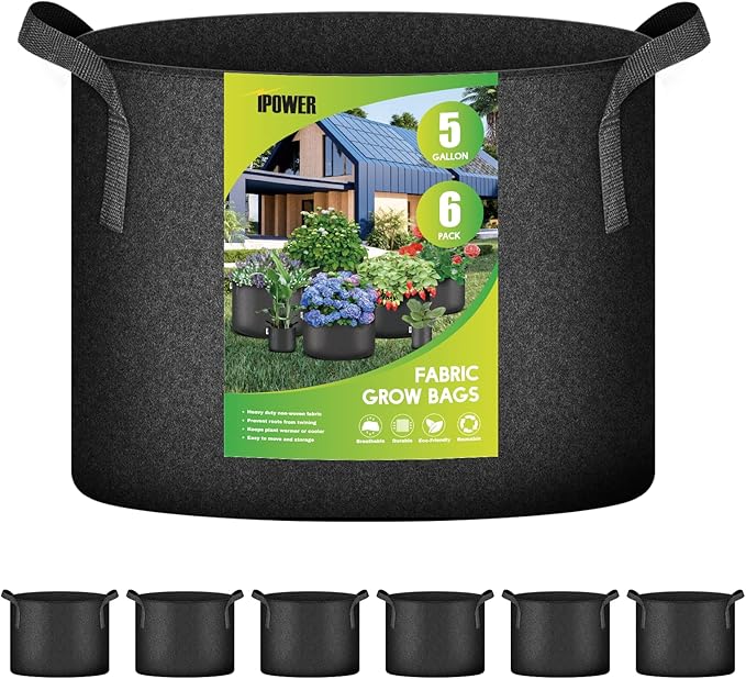 iPower Plant Grow Bag 5 Gallon 6-Pack Heavy Duty Fabric Pots, 300g Thick Nonwoven Fabric Containers Aeration with Nylon Handles, for Planting Vegetables, Fruits, Flowers, Black 2024 Version