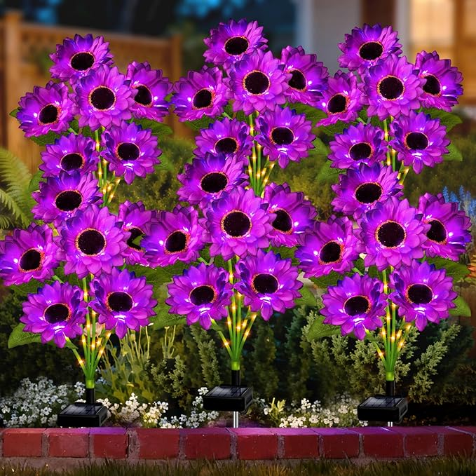Solar Sunflower Lights Outdoor Garden Decor, 6 Pack Solar Purple Flowers Lights with 18 Sunflowers, Waterproof Fall Decor Stake Decorative Light Auto ON/Off for Garden Yard Patio, Gift for Women