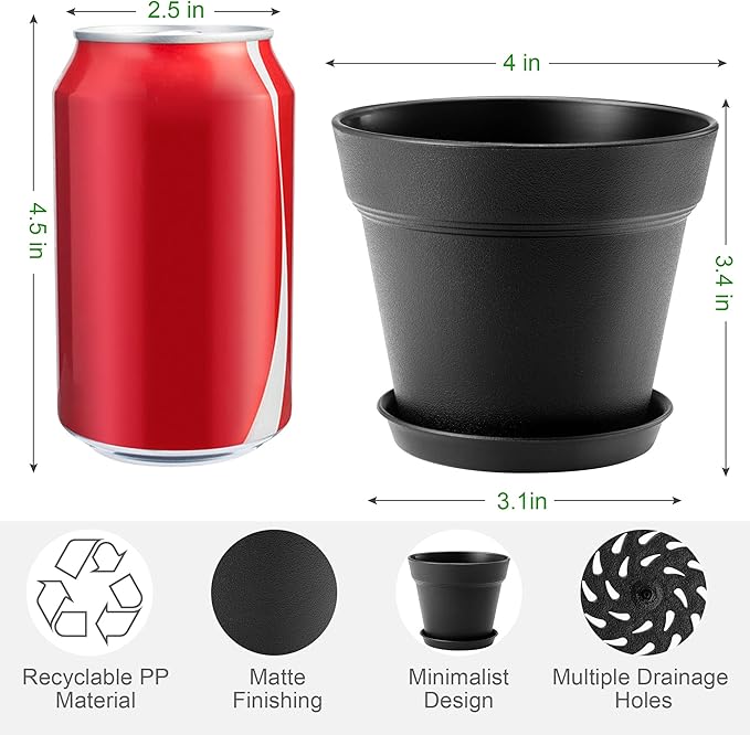 4 Inch Plastic Plant Pots 6 Pack, Small Flower Pots with Drainage Holes and Tray, Thickened Indoor Planters Seedlings Nursery Pots, African Violet, Succulent and All House Plants, Black