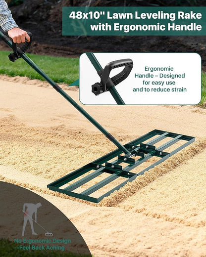 Lawn Leveling Rake 45x10'', Yard Leveling Rake for Soil with Adjustable Handle, Stainless Steel Lawn Leveler Tool for Garden, Backyard, Farm, Golf Course