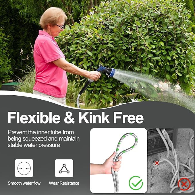 SPECILITE 1/2" 304 Stainless Steel Garden Hose, 75FT Water Pipe with Heavy Duty Metal Nozzle for Yard, Outdoor, Lawn - Flexible, Never Kink & Tangle, Puncture Resistant