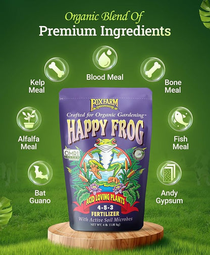 FoxFarm Happy Frog Acid Loving Plant Fertilizer, Slow-Release Fertilizer for Rhododendrons, Azaleas, Hydrangeas, Blueberries, Strawberries & More NPK 4-5-3 (4 lb)