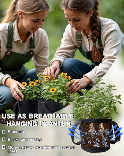 Dual-Use Felt Hanging Planter & Plant Hanger Set - 2 Pack 6.5 Inch with 2 Hooks, Breathable Hanging Planter Basket for Indoor/Outdoor, Balcony Planter for Succulent, Strawberry, Herbs, Orchids (Black)