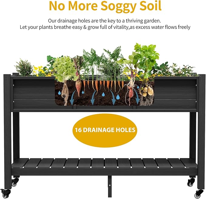 DWVO 47x18x3in Raised Garden Bed Outdoor HDPE with Legs and Lockable Wheels, Weather-Resistant Poly-Wood Elevated Planter Box, Double Tier Planters for Backyard Patio Balcony, Black
