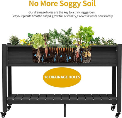 DWVO 47x18x3in Raised Garden Bed Outdoor HDPE with Legs and Lockable Wheels, Weather-Resistant Poly-Wood Elevated Planter Box, Double Tier Planters for Backyard Patio Balcony, Black