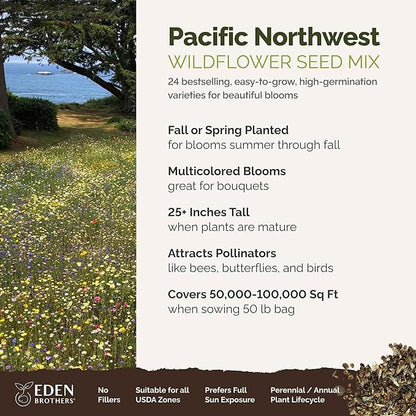 Eden Brothers Pacific Northwest Wildflower Mixed Seeds for Planting, 50 lb, 24,000,000+ Seeds with Cornflower, CA Bluebell, Attracts Pollinators, Plant in Spring or Fall, Zones 3, 4, 5, 6, 7, 8, 9, 10