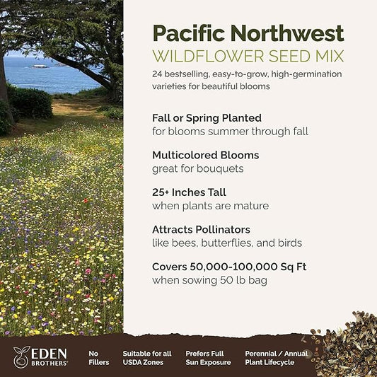 Eden Brothers Pacific Northwest Wildflower Mixed Seeds for Planting, 50 lb, 24,000,000+ Seeds with Cornflower, CA Bluebell, Attracts Pollinators, Plant in Spring or Fall, Zones 3, 4, 5, 6, 7, 8, 9, 10