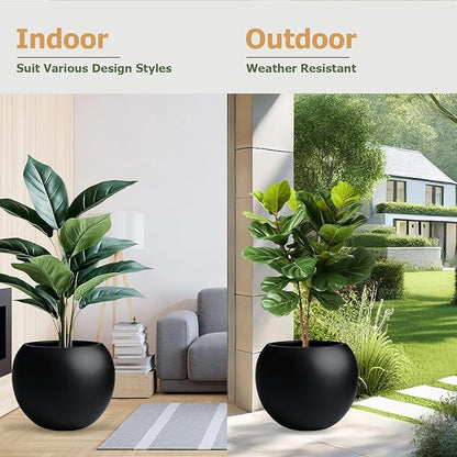 9.7" H x 12" D Globo Fiberstone Round Planter with Drainage Hole, Smooth Finishes, Weather Resistant for Indoor and Outdoor Use, Included 2 Extra Coco Mats (Black, 7.8" Pot Opening)