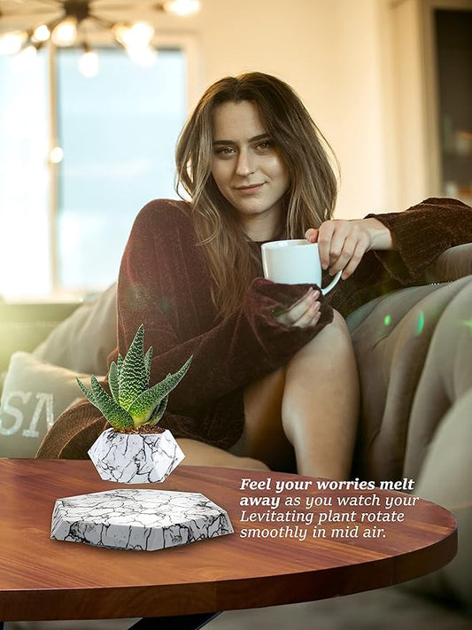 BandDlevs Floating Pots for Plants - Levitating Pot - Levitating Planter for Bonsai, Succulents, Air Plants - Floating Magnetic Display for Home Office Desks -Magnetic Levitation Plant Holder (Marble)