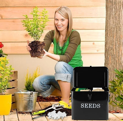 Seed Storage Organizer, T-Shape Compartment Seed Box with Safety Lock, Metal Seed Saving Box, Portable Seed Bin Container with Handle, Including 2 Pens 20 Plant Labels 50 Seed Envelopes-Black