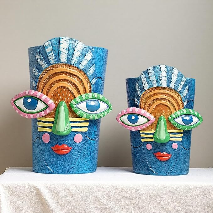 Picasso Abstract Face Flower Pot,Plant Pot with Facial Expressions,Handmade Resin Plant Pot with Drainage Holes,for Indoor and Outdoor Botanical Home décor (Blue Large)