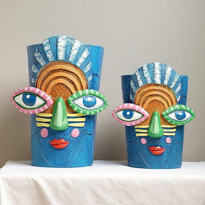 Picasso Abstract Face Flower Pot,Plant Pot with Facial Expressions,Handmade Resin Plant Pot with Drainage Holes,for Indoor and Outdoor Botanical Home décor (Blue Large)