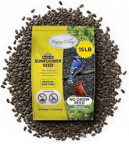 Happy Wings Black Oil Sunflower Seeds Wild Bird Food- 15 Pounds | No Grow Seed | Bird Seed for Wild Birds