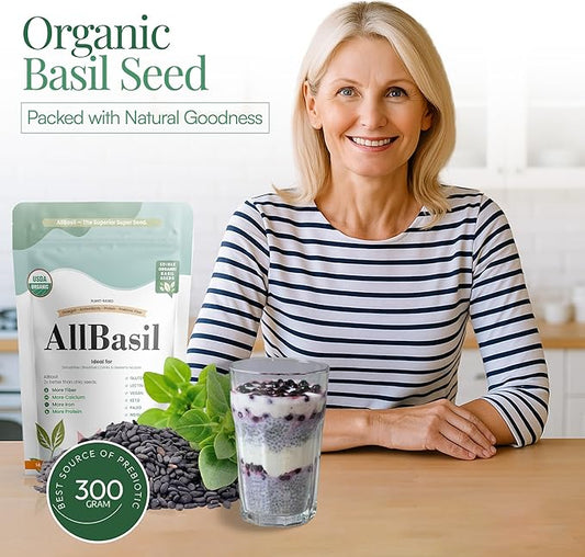 Edible All Basil Seeds 14oz | USDA Organic, Non-GMO, Kosher | High Fiber Superfood | Gluten Free, Vegan, Keto, Paleo | Prebiotic | Support Weigth Loss | Ideal for Smoothies, Green juices & Desserts.