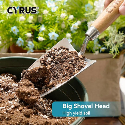 CYRUS Garden Shovel 12.6”Stainless Steel,Small Shovels for Gardening with Ash Wood Handle,Hand Shovel Garden Spade Potting Soil Scoop for Planting,Transplanting