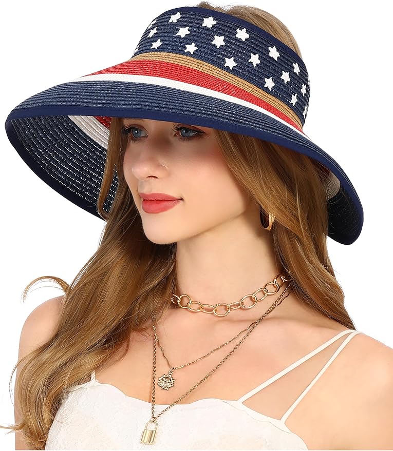Womens Beach Straw Sun Hats Ponytail Hole Wide Brim Summer Visor Foldable Hat Sun Protection Packable for Travel Pool