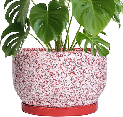 SQOWL Ceramic Planters for Indoor Plants - 10 Inch Flower Pots with Drainage Hole and Saucer, Decorative Ceramic Plant Pots, Round Large Planter Outdoor, Room Decor, Housewarming Gifts, Red and White
