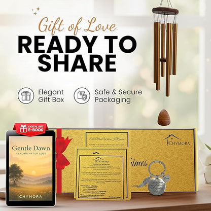 Memorial Wind Chimes for Outside Clearence - Teardrop Pendant, Deep Toned Aluminum Tubes & Pine Wood, Sympathy Gift for Loss, Letter from Heaven & Keepsake Keychain, Garden Porch Decor - Gold
