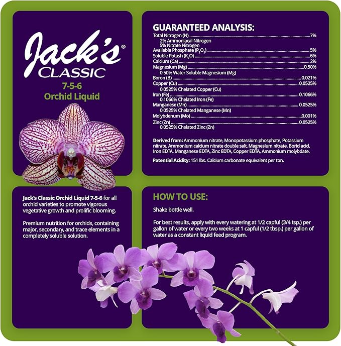 Jack's Classic 7-5-6 Orchid Liquid Concentrated Fertilizer with Micronutrients for Vegetative Growth and Prolific Blooming, 8 fl oz