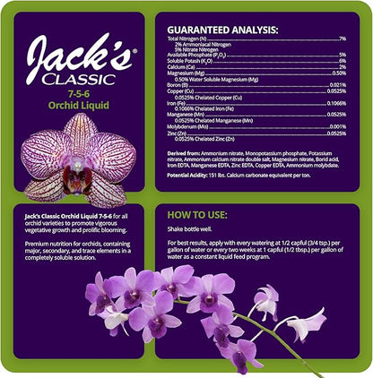 Jack's Classic 7-5-6 Orchid Liquid Concentrated Fertilizer with Micronutrients for Vegetative Growth and Prolific Blooming, 8 fl oz