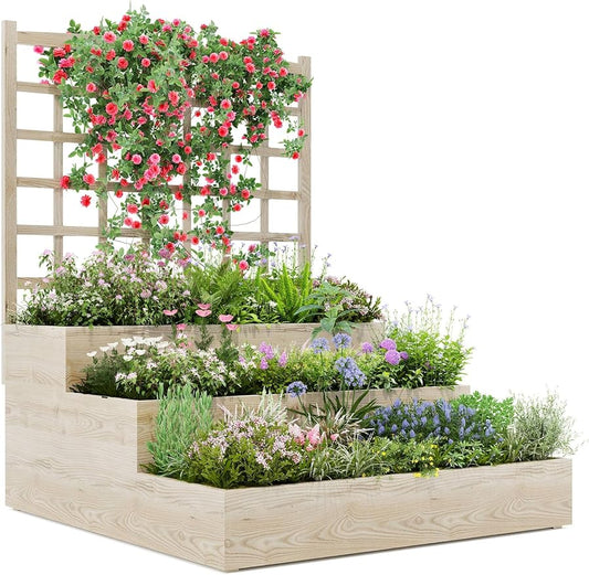 GarveeLife 3-Tier Raised Garden Bed,Wooden Vertical Planters with Trellis & Open-Ended Base for Climbing Plants Vines Flower Herb Vegetable Fruit,Outdoor Planter Boxes for Patio Yard Lawn