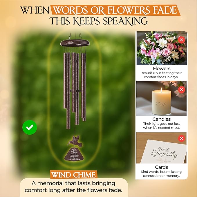 32 Inch Hummingbird Memorial Wind Chimes Outdoor, Sympathy Gifts for Loss of Loved One, Memorial Gifts for Loss of Mom, Sympathy Wind Chimes for Mother, Father, Brother, Sister