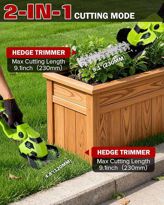 Cordless Hedge Trimmer，2-in-1 Hedge Trimmer，Cordless Grass Shear & Shrubbery Trimmer with Dual-Action Blade Cutting Capacity,Hedge Shear with 2 PCS Rechargeable Battery and Charger for Garden,Lawn