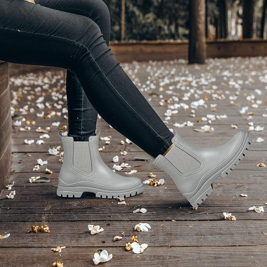 DKSUKO Rain Boots Women Waterproof Chelsea Boots Ankle Garden Shoes for Ladies Rubber Short Rainboots with Removable Comfort Insole for Outdoor Work Deck Mud Boots