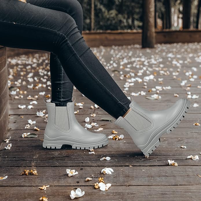 DKSUKO Rain Boots Women Waterproof Chelsea Boots Ankle Garden Shoes for Ladies Rubber Short Rainboots with Removable Comfort Insole for Outdoor Work Deck Mud Boots