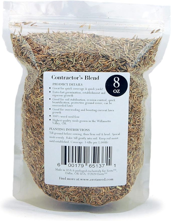 Contractor’s Grass Seed Blend by Eretz (8oz) - Choose Size! Willamette Valley, Oregon Grown. Premium, Number 1 Seeds Only! No Weed Seeds or Fillers