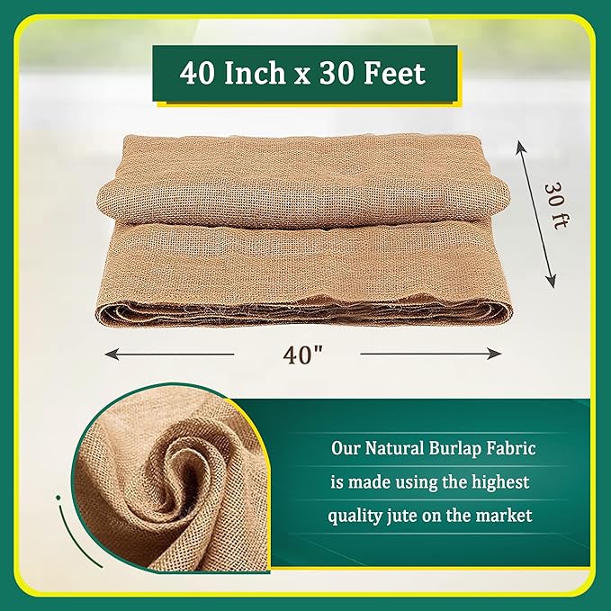 Burlap for Gardening 40" x 30 Feet - Multipurpose Natural Burlap Fabric - High Density Jute Fiber Suitable for Weed Barrier, Frost Guard for Gardening, Home Decorations and Crafts