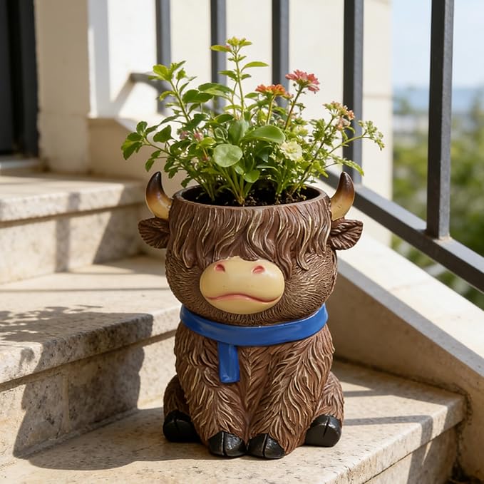 Cute Highland Cow Planter Pot - Shaggy Resin Succulent Pot with Drainage, Aesthetic Scottish Cow Flower Pot for Boho Home Decor, Desk, Patio | Unique Cow Gifts for Women, Mom, Plant Lovers (Brown)