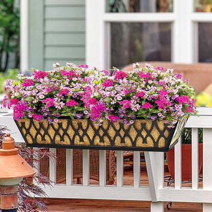 2 Pack 16 Inch Window Boxes Planters Railing Planter Box with Adjustable Brackets for Porch Fence Patio Balcony Hanging Flower Baskets with Coco Liners for Outdoor Garden Decor - Black