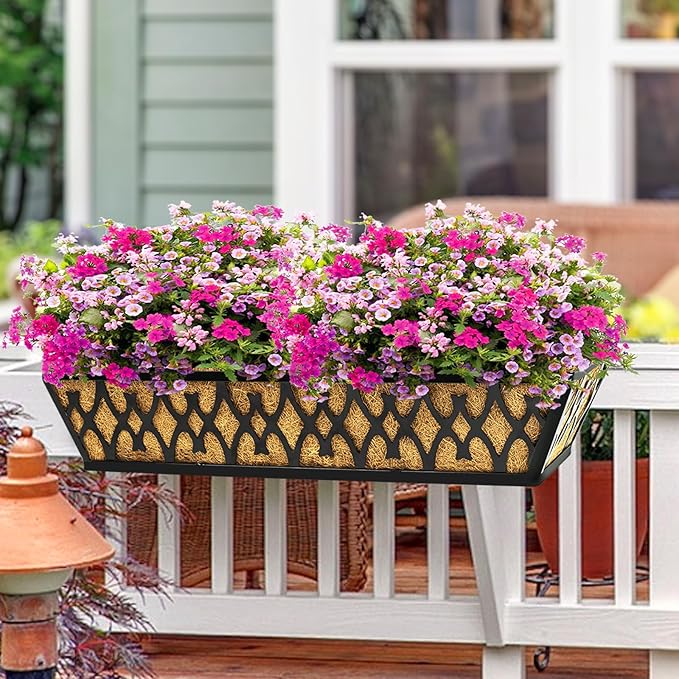 6 Pack 24 Inch Window Boxes Planters Railing Planter Box with Adjustable Brackets for Porch Fence Patio Balcony Hanging Flower Baskets with Coco Liners for Outdoor Garden Decor - Black