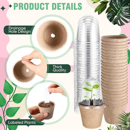 Baderke 120 Pcs Biodegradable Nursery Pots with 30 Humidity Dome and 30 Labels, 4" Plant Nursery Seed Starter Planter Biodegradable Peat Pots for Planting Seedlings, Vegetables (Round)