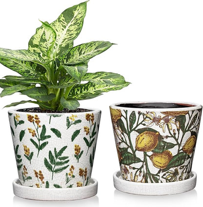 5.5 Inch Decorative Plant Pots, Round Ceramic Planters for Indoor Plants Pots with Drainage Hole Saucers, Lemon Green Leaves Ceramic Flower Pots Retro Planter Pot for Succulents Cactus Outdoor Garden