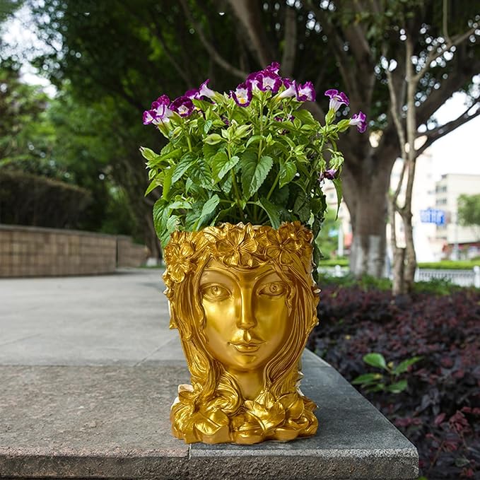 Face Flower Pot Head Planter with Drainage Hole - Cute Resin Goddess Face Planter for Indoor & Outdoor Use (Goddess Golden, Large)