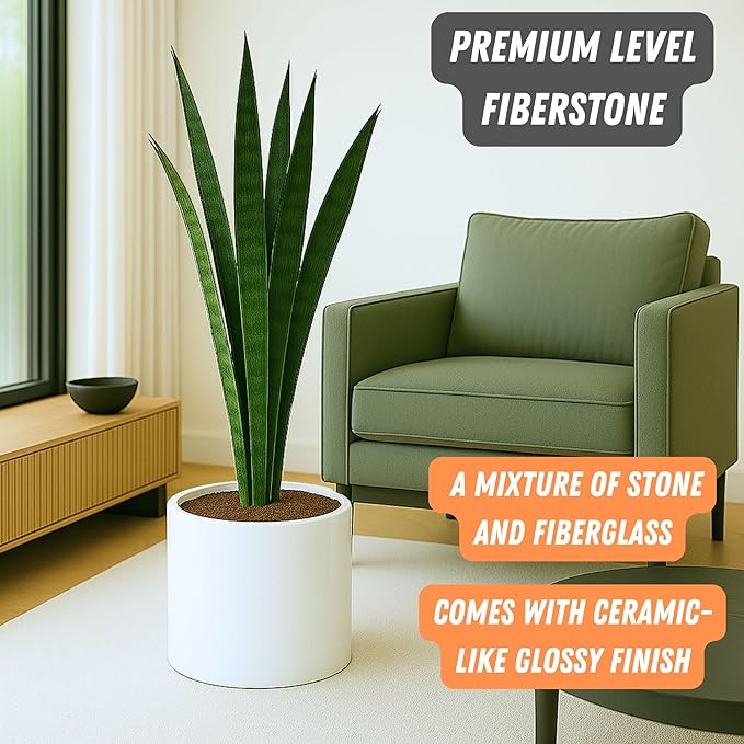 Fox & Fern Large 12 Inch Planter - Lightweight Fiberstone Glossy White Plant Pot - Drainage Plug - Large Indoor & Outdoor Floor Planter - 12 Inch Pots for Plants - Weather Resistant & UV Resistant