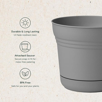 Bloem Saturn 14" Charcoal Round Resin Planter Pot with Snap-in Saucer for Indoor and Outdoor Gardening
