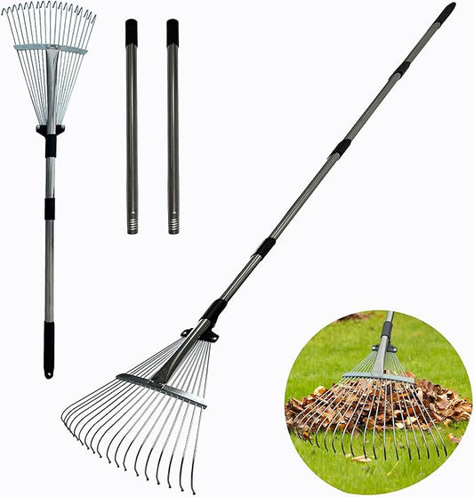 Garden Rake for Leaves, Metal Leaf Rake for Lawns with Adjustable Handle 【34"-68"】 & Folding Head 【8"-17"】，for Lawns, Yards, Leaves, Gardening