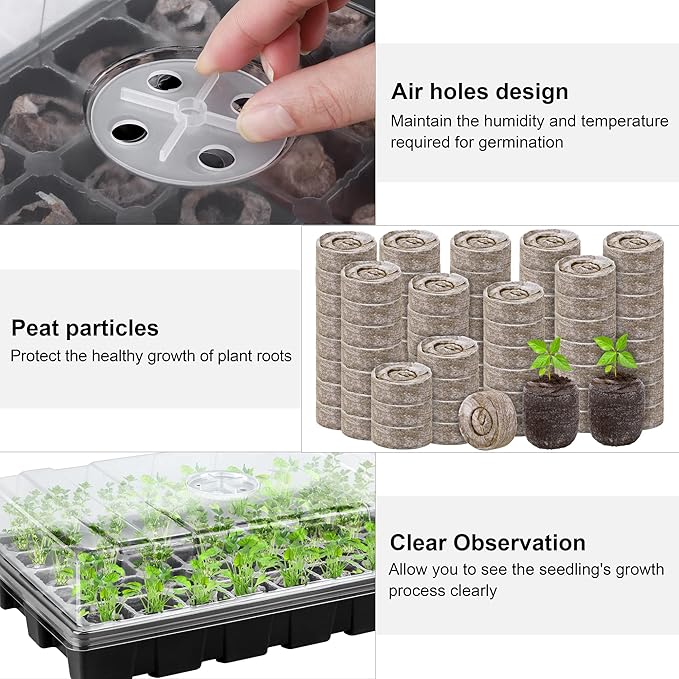 3 Pack Seed Starter Tray Kit 120-Cells Germination Starter Tray with Humidity Dome and Base Including 120 Peat Pellets, Plant Labels, Tool, Plastic Plant Growing Tray for Garden Planting, Black