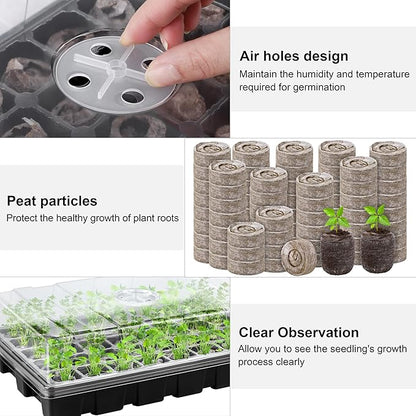 3 Pack Seed Starter Tray Kit 120-Cells Germination Starter Tray with Humidity Dome and Base Including 120 Peat Pellets, Plant Labels, Tool, Plastic Plant Growing Tray for Garden Planting, Black