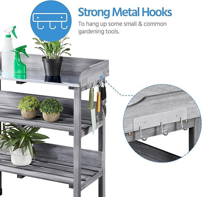 Yaheetech Garden Potting Table Horticulture Potting Bench w/Storage Shelf W/Metal Tabletop w/Hook 3 Shelves Workstation Work Benches Station, Gray