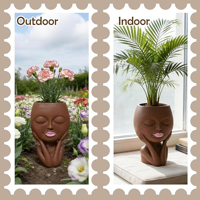 Face Planters Pots Head - Cute Succulents Plants Planters, Plant Pots Indoor with Drainage System, Garden Gifts for Wome, Garden Decorations for Outdoor, Unique Ornaments for Home, Dark