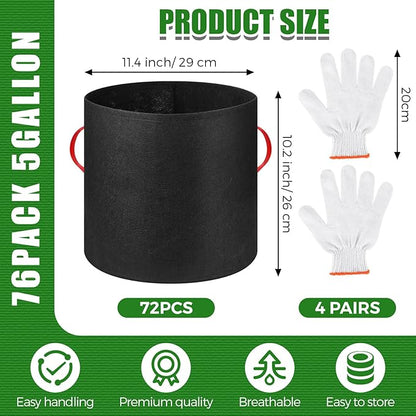 72 Pack 5 Gallon Plant Grow Bags Fabric Pots Bulk Aeration Heavy Duty Nonwoven Fabric Plant Pots with Handles Thick Vegetable Grow Nursery Buckets for Gardening Plants Flowers Fruits Vegetables Potato