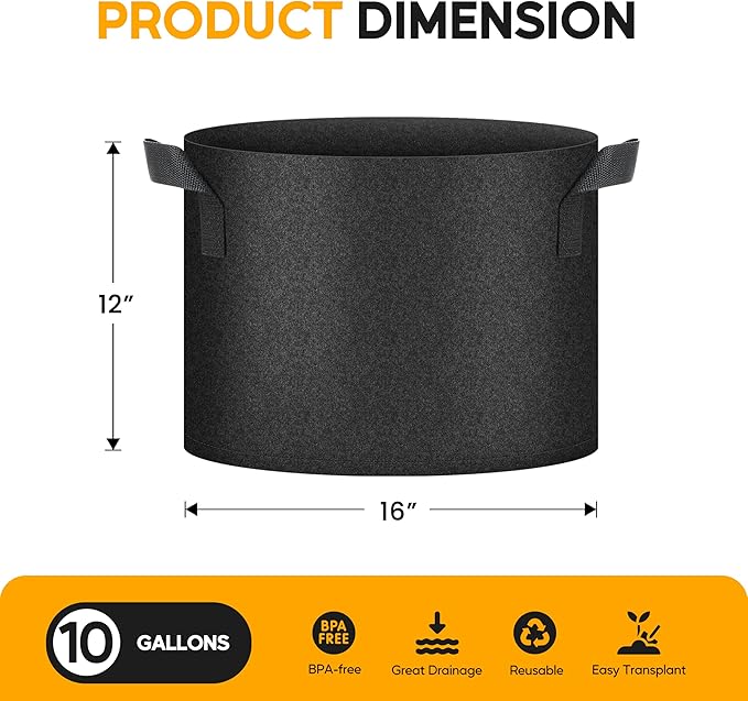 HealSmart Plant Grow Bags 10 Gallon 20-Pack, Tomoato Planter Pots with Handles, Aeration Nonwoven Fabric, Heavy Duty Gardening Planter for Vegetable, Herbs and Flowers, Black New