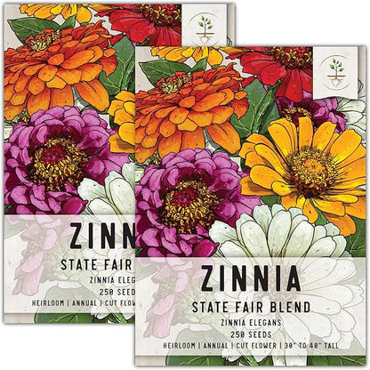 Seed Needs, Mixed State Fair Zinnia Seeds - 250 Heirloom Seeds for Planting Zinnia Elegans - Annual Flowers to Attract Butterflies & Other Pollinators, Great Cut Flower (2 Packs)