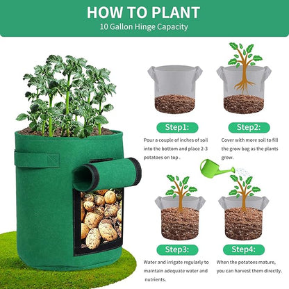 5-Pack 10 Gallon Grow Bags with Harvest Window - Thickened Fabric Plant Pots for Vegetables, Potato, Tomatoes & Carrots | Indoor/Outdoor Gardening Containers with Reinforced Handles Green