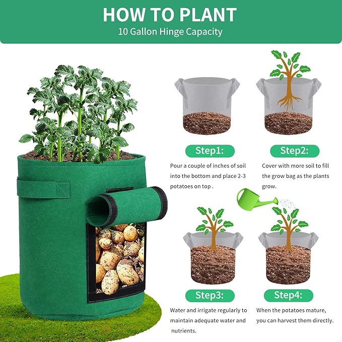 6-Pack 10 Gallon Grow Bags with Harvest Window, Thickened Fabric Plant Pots for Vegetables Potato Tomatoes Outdoor Gardening Containers with Reinforced Handles Mix (2xBlack,Green,Orange)