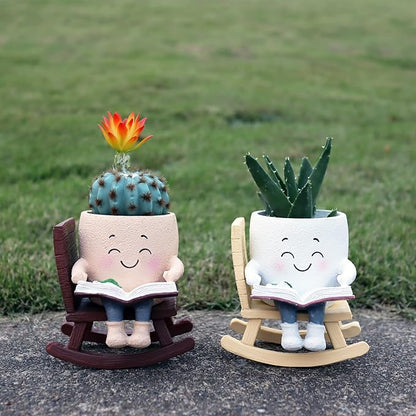 Cute Plant Pots Head Planters, Funny Rocking Chair Reading Book Planter Cactus Face Pot with Drainage Hole for Indoor Outdoor Plants, Unique Plant Lover Gifts